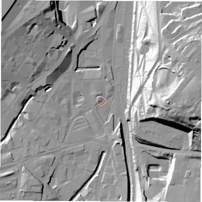Shaded relief map of the ground around S24AD, computed from Environment Agency LiDAR. The ground here sits at about 56 m above sea level and falls 48 m across the surrounding 800 m. Surface water reaching this point runs off ground lying to the north-west, 2.6 m higher.