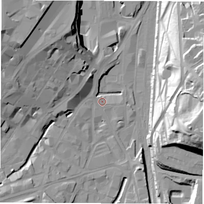 Shaded relief map of the ground around S24AF, computed from Environment Agency LiDAR. The ground here sits at about 56 m above sea level and falls 48 m across the surrounding 800 m. Surface water reaching this point runs off ground lying to the west-north-west, 4.5 m higher.