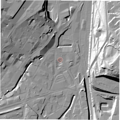 Shaded relief map of the ground around S24AG, computed from Environment Agency LiDAR. The ground here sits at about 56 m above sea level and falls 48 m across the surrounding 800 m. Surface water reaching this point runs off ground lying to the north-west, 28.0 m higher.