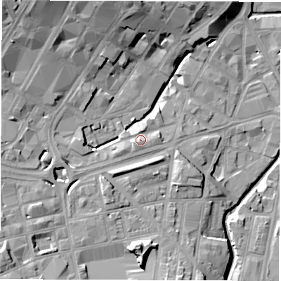 Shaded relief map of the ground around S24AH, computed from Environment Agency LiDAR. The ground here sits at about 64 m above sea level and falls 23 m across the surrounding 800 m. Surface water reaching this point runs off ground lying to the west-south-west, 3.7 m higher.