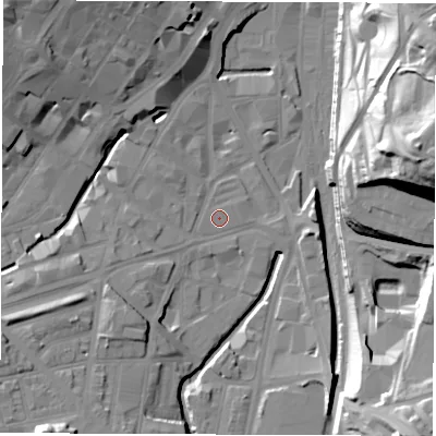 Shaded relief map of the ground around S24AL, computed from Environment Agency LiDAR. The ground here sits at about 57 m above sea level and falls 47 m across the surrounding 800 m. The ground contributing surface water to this point lies to the west.