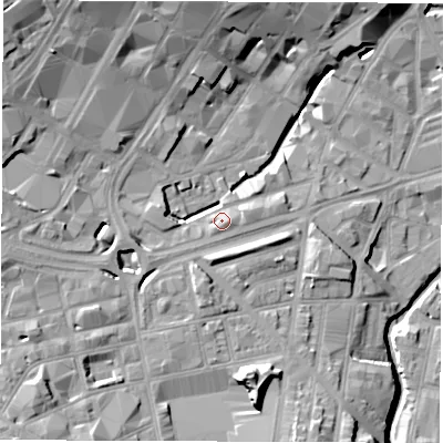 Shaded relief map of the ground around S24AN, computed from Environment Agency LiDAR. The ground here sits at about 65 m above sea level and falls 23 m across the surrounding 800 m. Surface water reaching this point runs off ground lying to the south-east, 0.9 m higher.