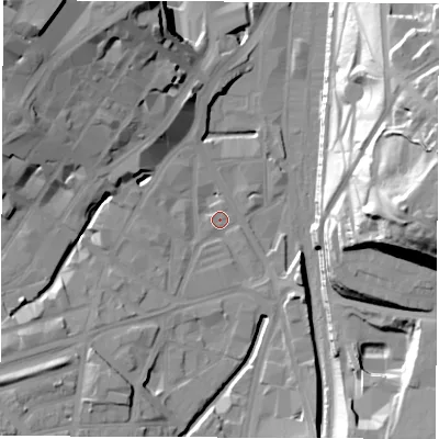 Shaded relief map of the ground around S24AR, computed from Environment Agency LiDAR. The ground here sits at about 56 m above sea level and falls 48 m across the surrounding 800 m. Surface water reaching this point runs off ground lying to the south-west, 11.6 m higher.