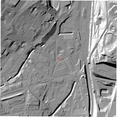 Shaded relief map of the ground around S24AS, computed from Environment Agency LiDAR. The ground here sits at about 57 m above sea level and falls 48 m across the surrounding 800 m. Surface water reaching this point runs off ground lying to the north-west, 24.5 m higher.