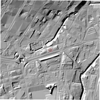Shaded relief map of the ground around S24AU, computed from Environment Agency LiDAR. The ground here sits at about 64 m above sea level and falls 23 m across the surrounding 800 m. Surface water reaching this point runs off ground lying to the west-south-west, 3.4 m higher.