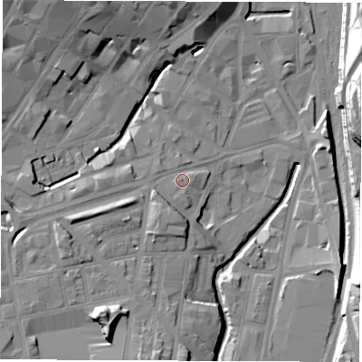 Shaded relief map of the ground around S24AW, computed from Environment Agency LiDAR. The ground here sits at about 60 m above sea level and falls 23 m across the surrounding 800 m. Surface water reaching this point runs off ground lying to the south-south-west, 16.0 m higher.