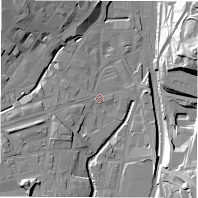 Shaded relief map of the ground around S24AX, computed from Environment Agency LiDAR. The ground here sits at about 57 m above sea level and falls 47 m across the surrounding 800 m. Surface water reaching this point runs off ground lying to the south-west, 18.2 m higher.