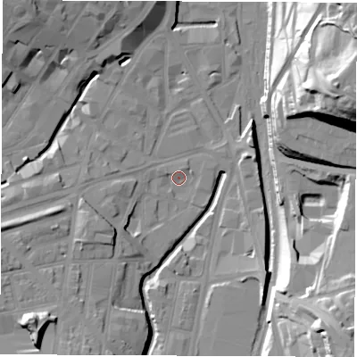 Shaded relief map of the ground around S24BA, computed from Environment Agency LiDAR. The ground here sits at about 57 m above sea level and falls 47 m across the surrounding 800 m. Surface water reaching this point runs off ground lying to the west-south-west, 2.2 m higher.