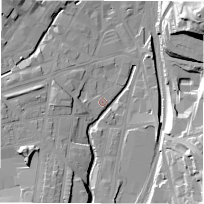 Shaded relief map of the ground around S24BB, computed from Environment Agency LiDAR. The ground here sits at about 58 m above sea level and falls 47 m across the surrounding 800 m. Surface water reaching this point runs off ground lying to the north-west, 1.1 m higher.