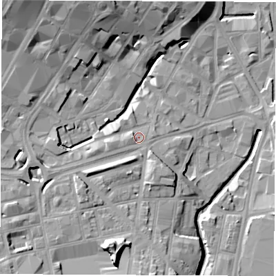 Shaded relief map of the ground around S24BD, computed from Environment Agency LiDAR. The ground here sits at about 62 m above sea level and falls 24 m across the surrounding 800 m. Surface water reaching this point runs off ground lying to the south-west, 8.6 m higher.
