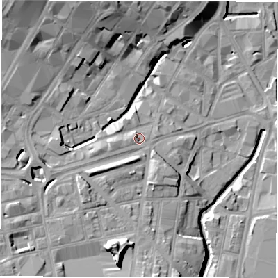 Shaded relief map of the ground around S24BE, computed from Environment Agency LiDAR. The ground here sits at about 62 m above sea level and falls 24 m across the surrounding 800 m. Surface water reaching this point runs off ground lying to the south-west, 8.5 m higher.