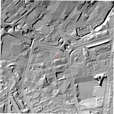 Shaded relief map of the ground around S24BF, computed from Environment Agency LiDAR. The ground here sits at about 68 m above sea level and falls 32 m across the surrounding 800 m. Surface water reaching this point runs off ground lying to the south-west, 21.8 m higher.