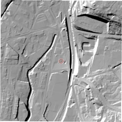 Shaded relief map of the ground around S24BG, computed from Environment Agency LiDAR. The ground here sits at about 58 m above sea level and falls 47 m across the surrounding 800 m. Surface water reaching this point runs off ground lying to the south-east, 4.1 m higher.