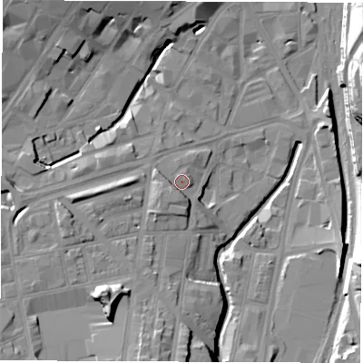 Shaded relief map of the ground around S24BJ, computed from Environment Agency LiDAR. The ground here sits at about 61 m above sea level and falls 23 m across the surrounding 800 m. Surface water reaching this point runs off ground lying to the south-west, 4.6 m higher.
