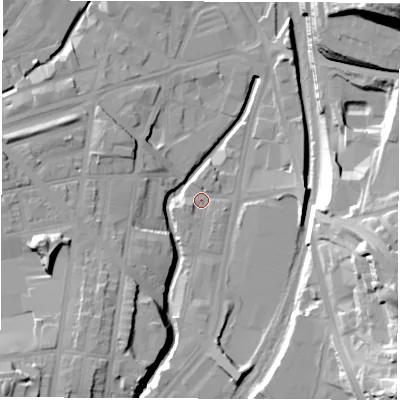 Shaded relief map of the ground around S24BL, computed from Environment Agency LiDAR. The ground here sits at about 58 m above sea level and falls 45 m across the surrounding 800 m. Surface water reaching this point runs off ground lying to the west-south-west, 2.9 m higher.