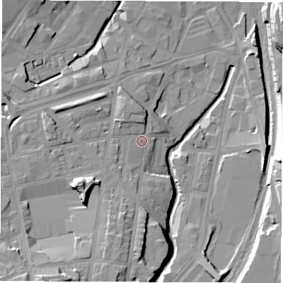 Shaded relief map of the ground around S24BN, computed from Environment Agency LiDAR. The ground here sits at about 63 m above sea level and falls 24 m across the surrounding 800 m. Surface water reaching this point runs off ground lying to the south-south-west, 9.0 m higher.