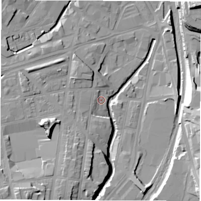 Shaded relief map of the ground around S24BP, computed from Environment Agency LiDAR. The ground here sits at about 61 m above sea level and falls 29 m across the surrounding 800 m. Surface water reaching this point runs off ground lying to the south-west, 2.8 m higher.
