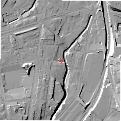 Shaded relief map of the ground around S24BQ, computed from Environment Agency LiDAR. The ground here sits at about 60 m above sea level and falls 25 m across the surrounding 800 m. Surface water reaching this point runs off ground lying to the south, 14.9 m higher.