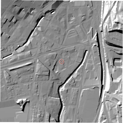 Shaded relief map of the ground around S24BS, computed from Environment Agency LiDAR. The ground here sits at about 58 m above sea level and falls 44 m across the surrounding 800 m. Surface water reaching this point runs off ground lying to the south-west, 4.3 m higher.