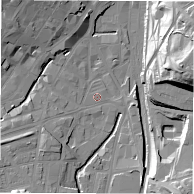Shaded relief map of the ground around S24BT, computed from Environment Agency LiDAR. The ground here sits at about 57 m above sea level and falls 47 m across the surrounding 800 m. Surface water reaching this point runs off ground lying to the west, 0.6 m higher.