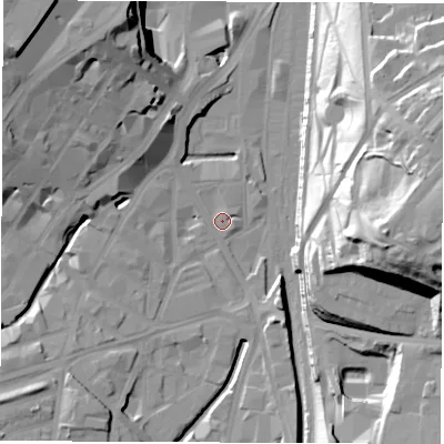 Shaded relief map of the ground around S24BU, computed from Environment Agency LiDAR. The ground here sits at about 56 m above sea level and falls 48 m across the surrounding 800 m. Surface water reaching this point runs off ground lying to the north-west, 25.9 m higher.