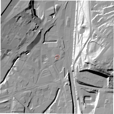 Shaded relief map of the ground around S24BW, computed from Environment Agency LiDAR. The ground here sits at about 56 m above sea level and falls 48 m across the surrounding 800 m. Surface water reaching this point runs off ground lying to the south-south-west, 1.5 m higher.