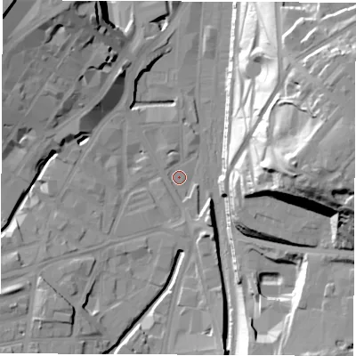 Shaded relief map of the ground around S24BX, computed from Environment Agency LiDAR. The ground here sits at about 55 m above sea level and falls 48 m across the surrounding 800 m. Surface water reaching this point runs off ground lying to the west-south-west, 11.8 m higher.