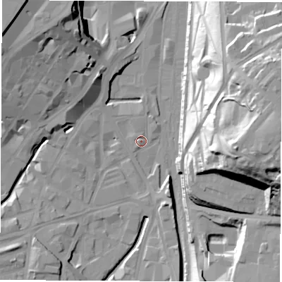 Shaded relief map of the ground around S24BY, computed from Environment Agency LiDAR. The ground here sits at about 56 m above sea level and falls 48 m across the surrounding 800 m. Surface water reaching this point runs off ground lying to the north-west, 2.3 m higher.