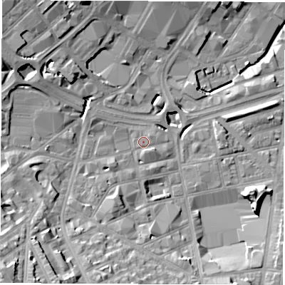 Shaded relief map of the ground around S24BZ, computed from Environment Agency LiDAR. The ground here sits at about 68 m above sea level and falls 33 m across the surrounding 800 m. Surface water reaching this point runs off ground lying to the south-west, 22.2 m higher.