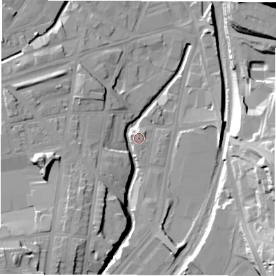 Shaded relief map of the ground around S24DA, computed from Environment Agency LiDAR. The ground here sits at about 60 m above sea level and falls 33 m across the surrounding 800 m. Surface water reaching this point runs off ground lying to the north, 1.6 m higher.