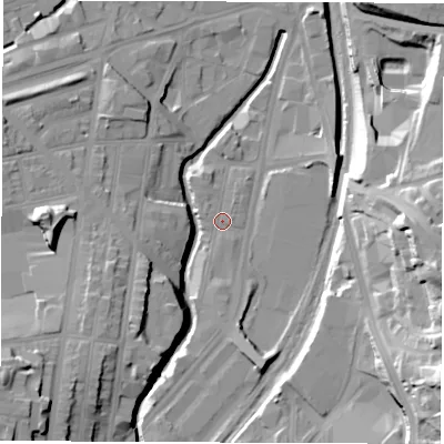 Shaded relief map of the ground around S24DB, computed from Environment Agency LiDAR. The ground here sits at about 60 m above sea level and falls 34 m across the surrounding 800 m. Surface water reaching this point runs off ground lying to the south-south-east, 7.9 m higher.