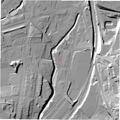 Shaded relief map of the ground around S24DD, computed from Environment Agency LiDAR. The ground here sits at about 59 m above sea level and falls 33 m across the surrounding 800 m. Surface water reaching this point runs off ground lying to the south-west, 1.2 m higher.