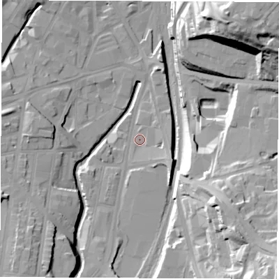 Shaded relief map of the ground around S24DF, computed from Environment Agency LiDAR. The ground here sits at about 57 m above sea level and falls 47 m across the surrounding 800 m. Surface water reaching this point runs off ground lying to the south, 7.7 m higher.