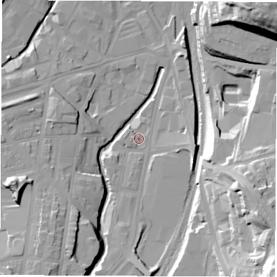 Shaded relief map of the ground around S24DG, computed from Environment Agency LiDAR. The ground here sits at about 58 m above sea level and falls 46 m across the surrounding 800 m. Surface water reaching this point runs off ground lying to the south, 10.1 m higher.