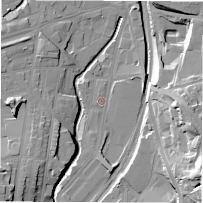 Shaded relief map of the ground around S24DH, computed from Environment Agency LiDAR. The ground here sits at about 59 m above sea level and falls 40 m across the surrounding 800 m. Surface water reaching this point runs off ground lying to the south-east, 29.0 m higher.