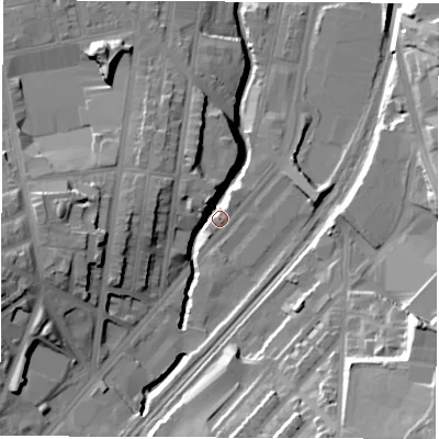 Shaded relief map of the ground around S24DL, computed from Environment Agency LiDAR. The ground here sits at about 62 m above sea level and falls 31 m across the surrounding 800 m. Surface water reaching this point runs off ground lying to the west-south-west, 20.8 m higher.