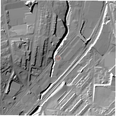 Shaded relief map of the ground around S24DR, computed from Environment Agency LiDAR. The ground here sits at about 63 m above sea level and falls 35 m across the surrounding 800 m. Surface water reaching this point runs off ground lying to the east, 1.2 m higher.