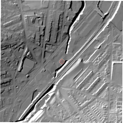 Shaded relief map of the ground around S24DS, computed from Environment Agency LiDAR. The ground here sits at about 64 m above sea level and falls 51 m across the surrounding 800 m. Surface water reaching this point runs off ground lying to the south-south-west, 8.9 m higher.