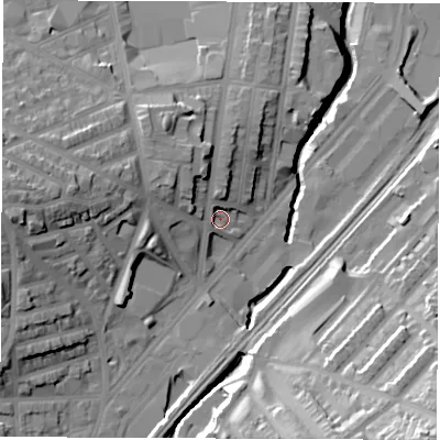 Shaded relief map of the ground around S24DT, computed from Environment Agency LiDAR. The ground here sits at about 66 m above sea level and falls 39 m across the surrounding 800 m. Surface water reaching this point runs off ground lying to the north-north-west, 9.8 m higher.