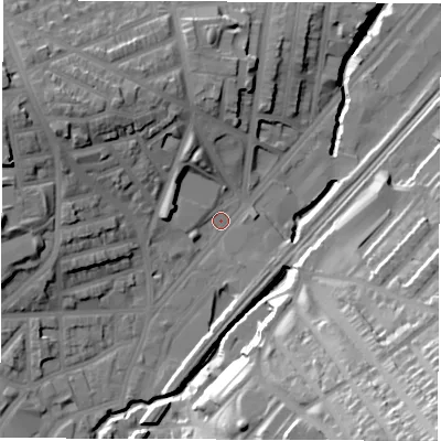 Shaded relief map of the ground around S24DU, computed from Environment Agency LiDAR. The ground here sits at about 66 m above sea level and falls 51 m across the surrounding 800 m. Surface water reaching this point runs off ground lying to the west-north-west, 22.1 m higher.