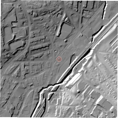 Shaded relief map of the ground around S24DX, computed from Environment Agency LiDAR. The ground here sits at about 67 m above sea level and falls 51 m across the surrounding 800 m. Surface water reaching this point runs off ground lying to the north-west, 23.6 m higher.