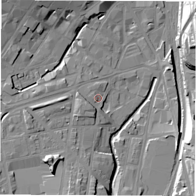 Shaded relief map of the ground around S24EA, computed from Environment Agency LiDAR. The ground here sits at about 60 m above sea level and falls 27 m across the surrounding 800 m. Surface water reaching this point runs off ground lying to the south-west, 6.0 m higher.