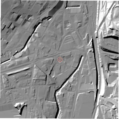 Shaded relief map of the ground around S24EB, computed from Environment Agency LiDAR. The ground here sits at about 57 m above sea level and falls 45 m across the surrounding 800 m. Surface water reaching this point runs off ground lying to the west-south-west, 1.5 m higher.