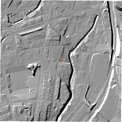 Shaded relief map of the ground around S24ED, computed from Environment Agency LiDAR. The ground here sits at about 62 m above sea level and falls 26 m across the surrounding 800 m. Surface water reaching this point runs off ground lying to the south-south-west, 2.9 m higher.