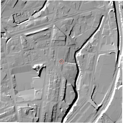 Shaded relief map of the ground around S24EE, computed from Environment Agency LiDAR. The ground here sits at about 64 m above sea level and falls 27 m across the surrounding 800 m. Surface water reaching this point runs off ground lying to the south, 2.9 m higher.