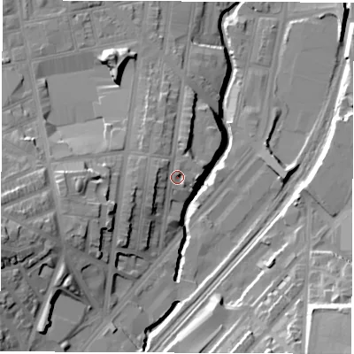 Shaded relief map of the ground around S24EL, computed from Environment Agency LiDAR. The ground here sits at about 69 m above sea level and falls 28 m across the surrounding 800 m. Surface water reaching this point runs off ground lying to the west-north-west, 3.5 m higher.