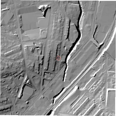 Shaded relief map of the ground around S24EN, computed from Environment Agency LiDAR. The ground here sits at about 67 m above sea level and falls 30 m across the surrounding 800 m. Surface water reaching this point runs off ground lying to the north, 6.4 m higher.