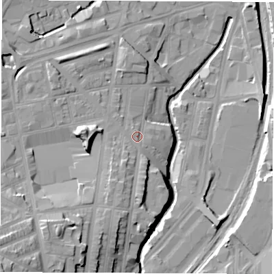 Shaded relief map of the ground around S24EQ, computed from Environment Agency LiDAR. The ground here sits at about 66 m above sea level and falls 29 m across the surrounding 800 m. Surface water reaching this point runs off ground lying to the south-south-west, 5.6 m higher.