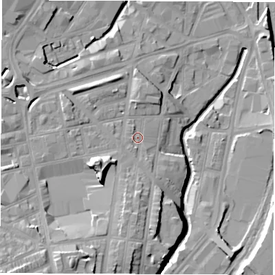 Shaded relief map of the ground around S24ES, computed from Environment Agency LiDAR. The ground here sits at about 65 m above sea level and falls 27 m across the surrounding 800 m. Surface water reaching this point runs off ground lying to the south, 7.4 m higher.