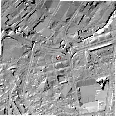 Shaded relief map of the ground around S24FH, computed from Environment Agency LiDAR. The ground here sits at about 68 m above sea level and falls 32 m across the surrounding 800 m. Surface water reaching this point runs off ground lying to the east-north-east, 0.7 m higher.